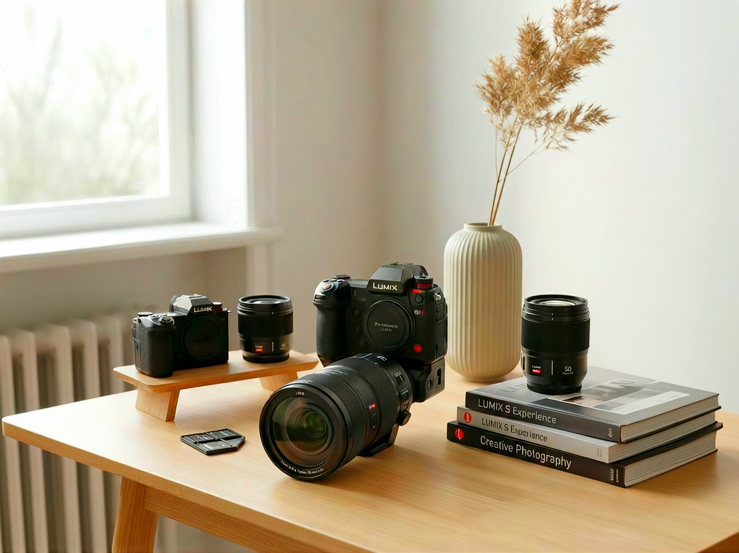 Appareils photo Panasonic LUMIX et accessoires sur bureau en bois